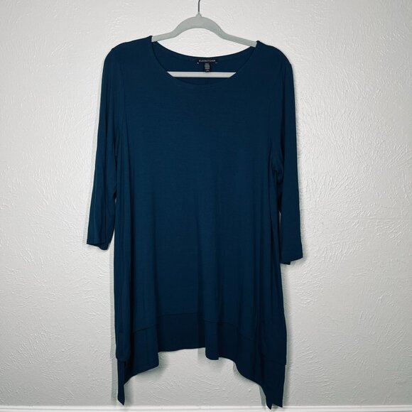 Eileen Fisher Dark Teal Scoop Neck Knit Viscose & Spandex Blend Tunic Top Sz. L - Picture 1 of 8